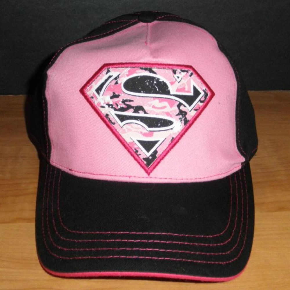 NEW SUPERGIRL BASEBALL CAP, HAT BLACK LOGO "S" PINK BACKGROUND